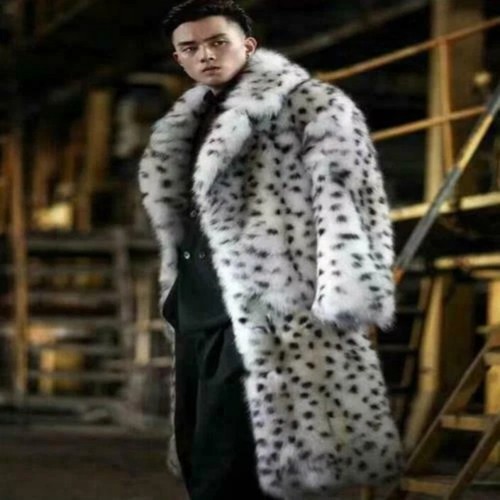 Men's Winter Lapel Leopard Parkas Warm Faux Fox Fur Furry Long Coat Overcoat New - Picture 11 of 15