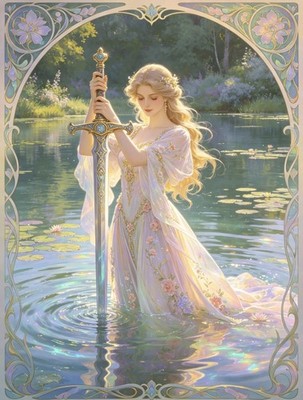 JUGENDSTIL EINZIGARTIGE DAME WASSERFALL EXCALIBUR ILLUSTRATION 12x16 Zoll Poster Druck 