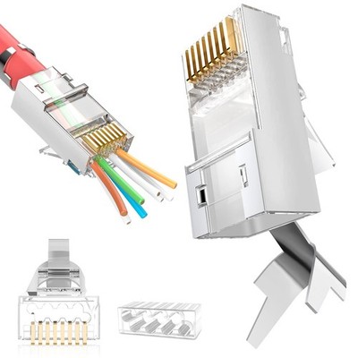 Shielded RJ45 Cat6A Cat7 Pass Through connectors - 3 Prong 8P8C 50U Gold Plat...