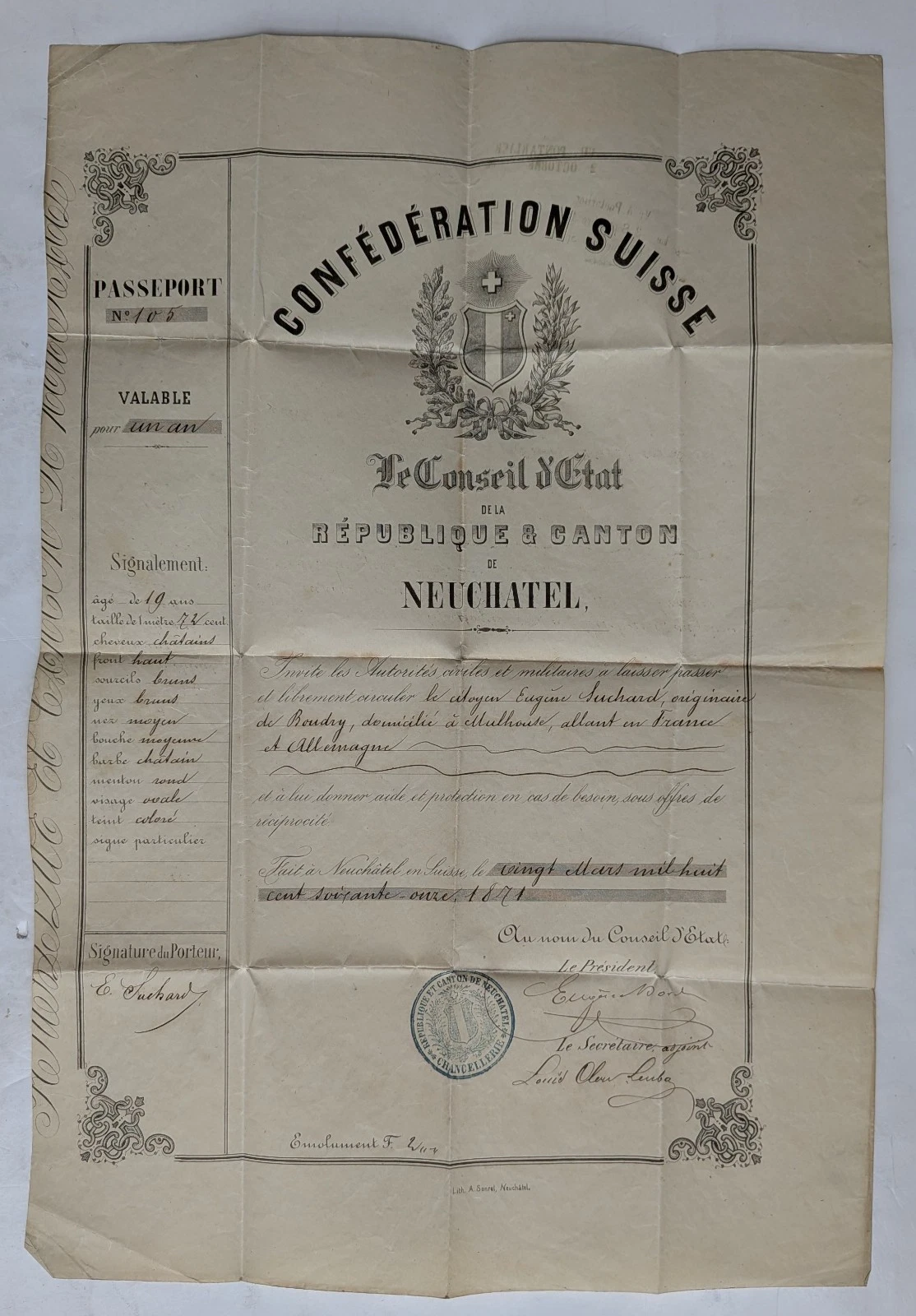 Passeport Confédération SUISSE, Conseil d'État République de NEUFCHATEL 1871 - Foto 1 di 2