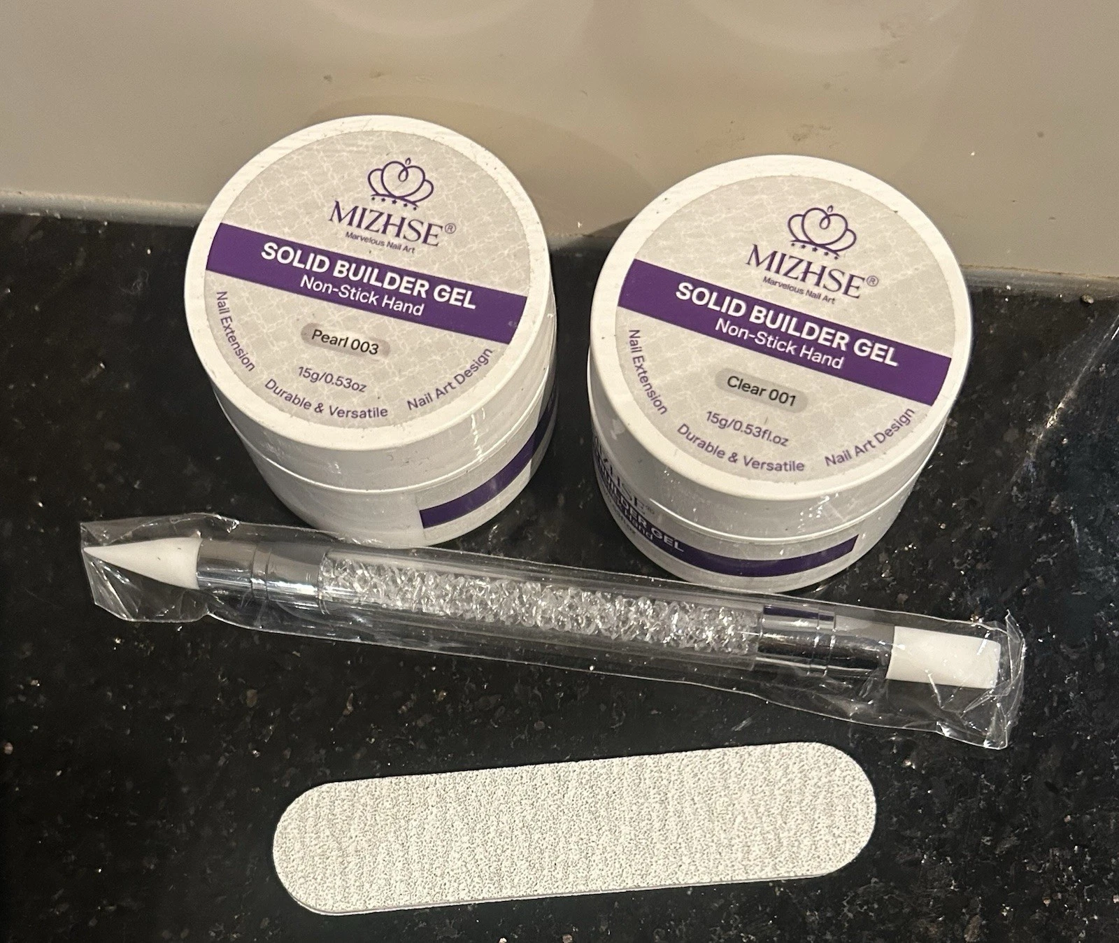 MIZHSE builder gel powder clear 001 & pearl 003 duo pack with nail file & brush