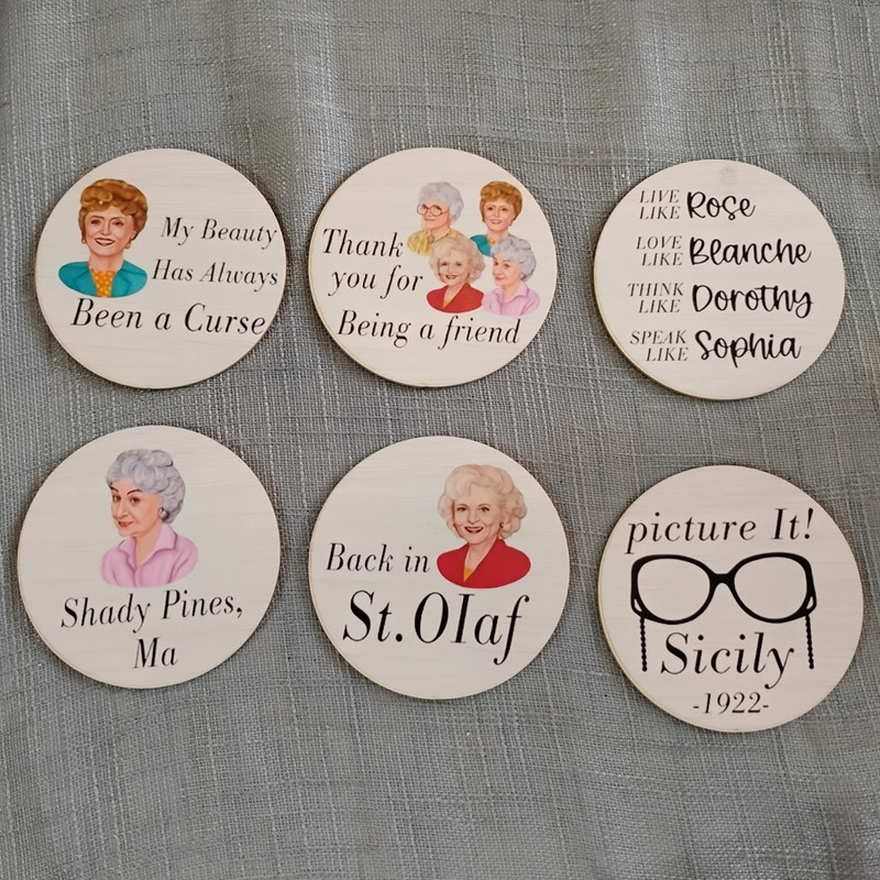 The Golden Girls Printed Round Wood Coaster Set, 6pc Set 4in Beige/Multicolor