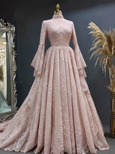 Luxury Lace Pearls Muslim Wedding Dresses High Neck Long Sleeve Caftan Henna
