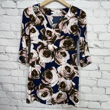 Boden Tunic Dress Womens Abstract Roses Size 2P Artsy Split Neckline 3/4 Sleeve
