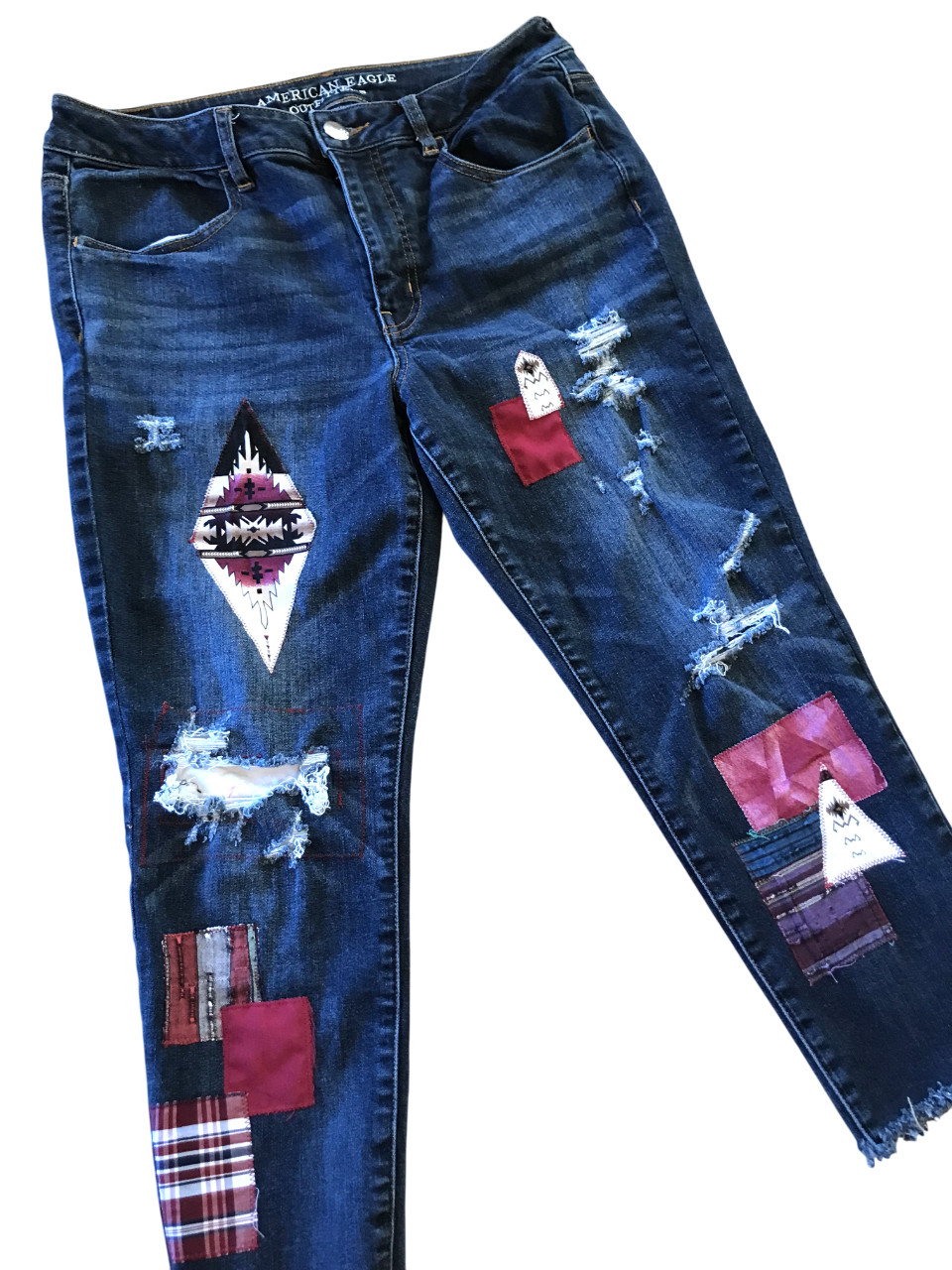 Upcycled Aztec Patchwork Jeans, Distressed Croppe… - image 7