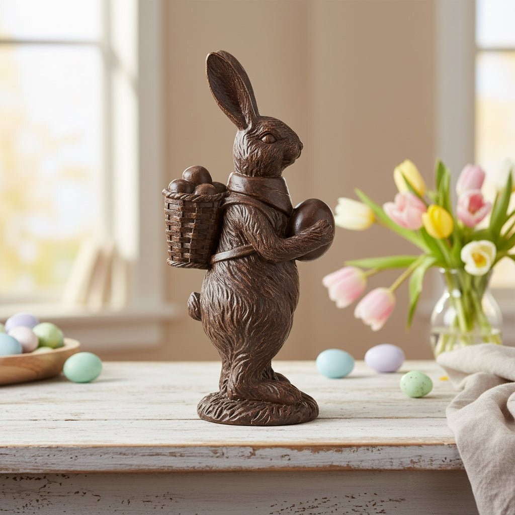 Primitive Spring 9.5 Inch Resin Chocolate Easter Bunny carrying Egg Figurine