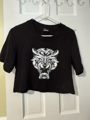 Just Cavalli Women s Black Cropped Tee Size M Tiger Head Bikercore Goth