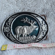 Siskiyou 1991 Belt Buckle Elk Pewter & Green/Black I-5 Made in USA Vintage