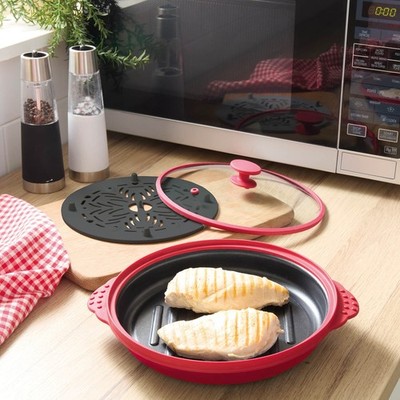 3-in-1 Mikrowelle Grillpfanne mit und Dampfpad Grillen und Knuspern von Lebensmitteln Rot