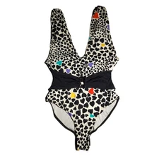 Vtg 1990s Gitano Sun Kiss Black White Heart Print Belted One Piece Swimsuit 12