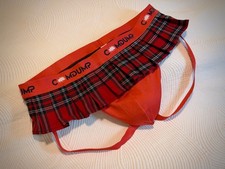 CD Brand Men’s Tartan Plaid Mini Skirt Jockstrap Red Black Kilt Style