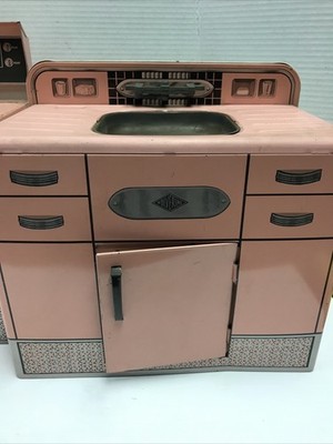 Vintage 1950's Wolverine Pink Metal Kitchen Sink & Stove Appliance