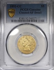 1892-CC $5 Gold Liberty Half Eagle PCGS XF Details Cleaned Coin
