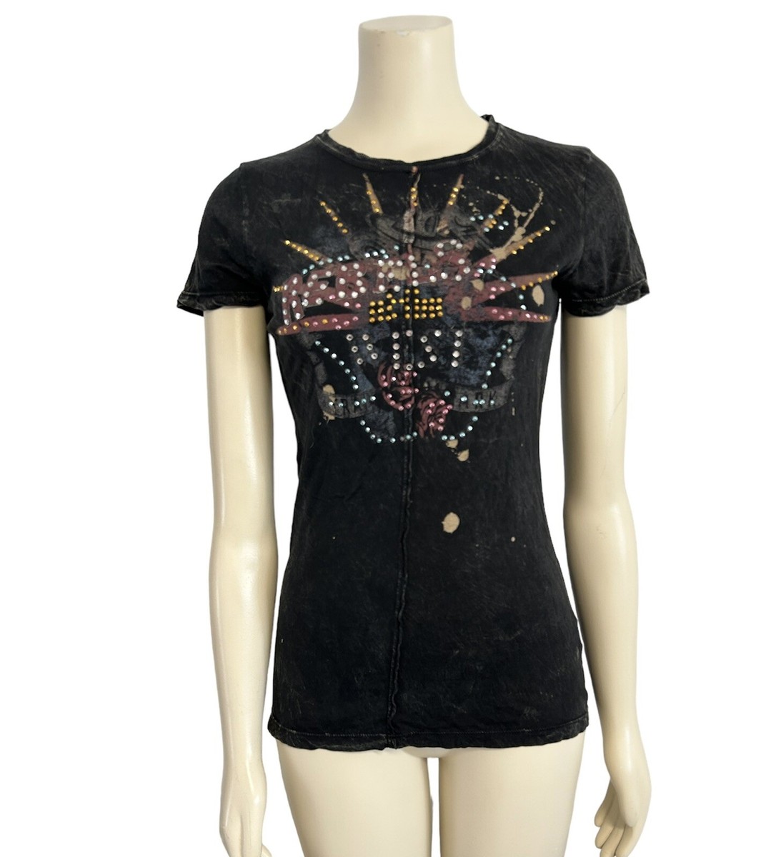 skinny minnie ブラック長袖トップス M Skinny Minnie Top T-shirt Womens Medium Crystals Roses Black
