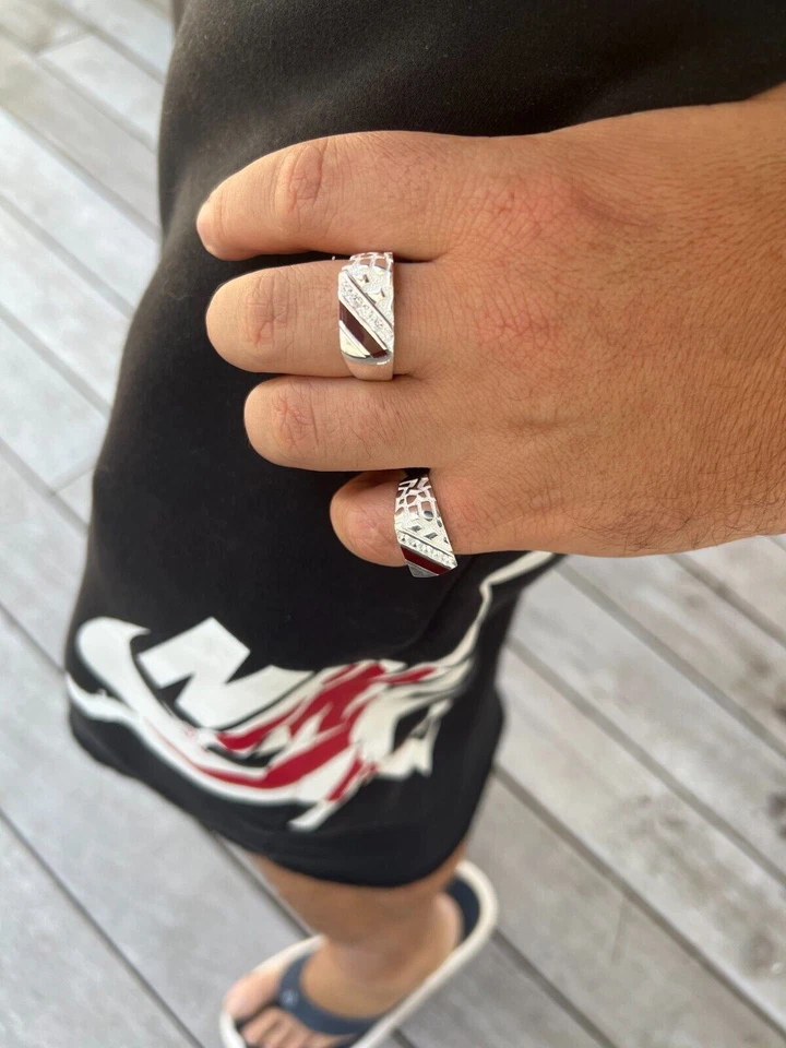 Mens Real Solid 925 Silver Nugget Ring Red Stone CZ Iced Hip Hop Sz 6-13 - Image 3 of 4