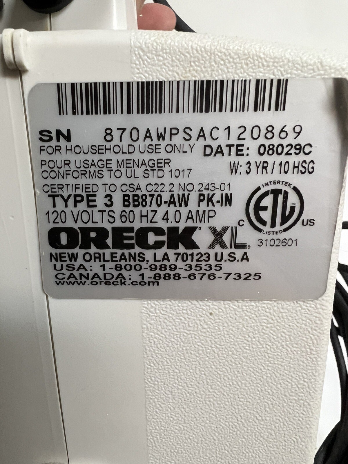 Oreck XL Type 3 BB870-AD Compact Handheld Canister Vacuum w/Hose