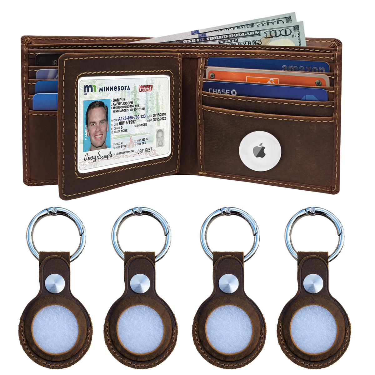 Airtag Wallet & 4-Pack Keychain Genuine Leather Credit Card Holder