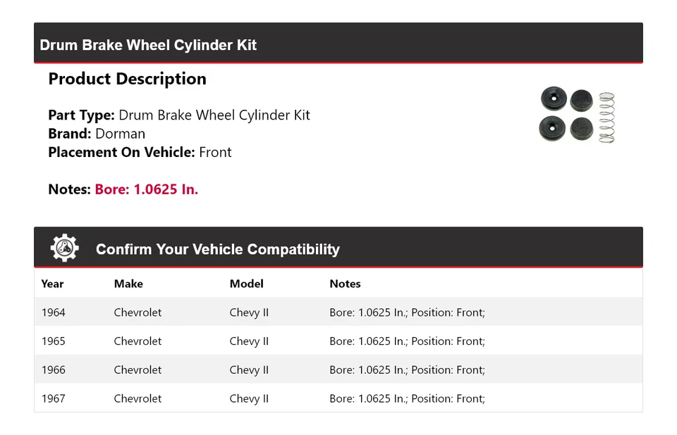 Kit de cilindro de rueda de freno de tambor delantero 1965 para Chevrolet Chevy II Dorman 1964-1967 Foto 2 de 3