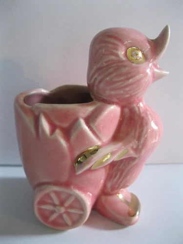 Vintage Shawnee Art Pottery Pink & Gold 4 3/4" tall Duck Planter