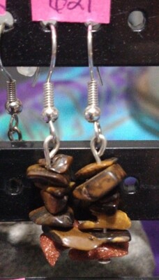 Golden Sandstone & Tigers Eye Stone Chips Silver Earrings