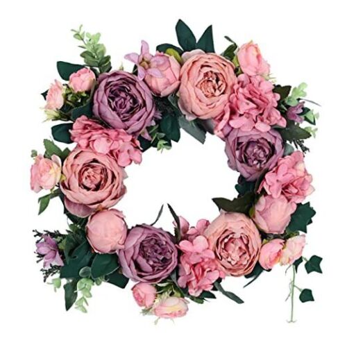 Fake Flowers Door Wreath 15"-16" Floral Artificial Peony Wreath with Green