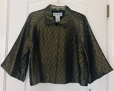 Jessica Howard Black & Gold A-Line Cropped Jacket 3/4 Sleeves Pleats Back Size 8