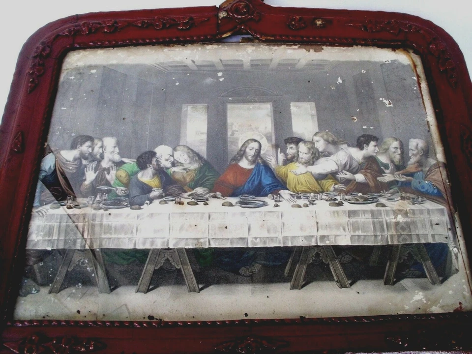ANTICA STAMPA SACRA ULTIMA CENA ANTICO QUADRO RELIGIOSO VECCHIA CORNICE LEGNO - Immagine 3 di 4