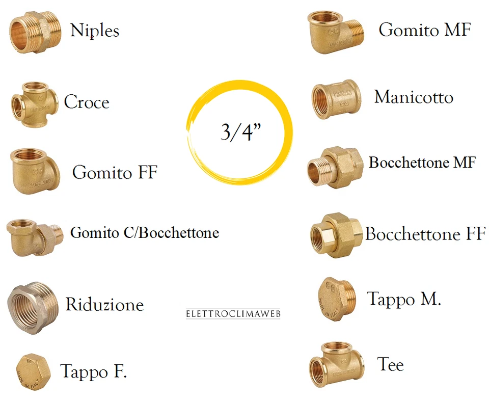 RACCORDI OTTONE GIALLO 3/4 RACCORDI idraulici OTTONE Raccordo ottone idraulico