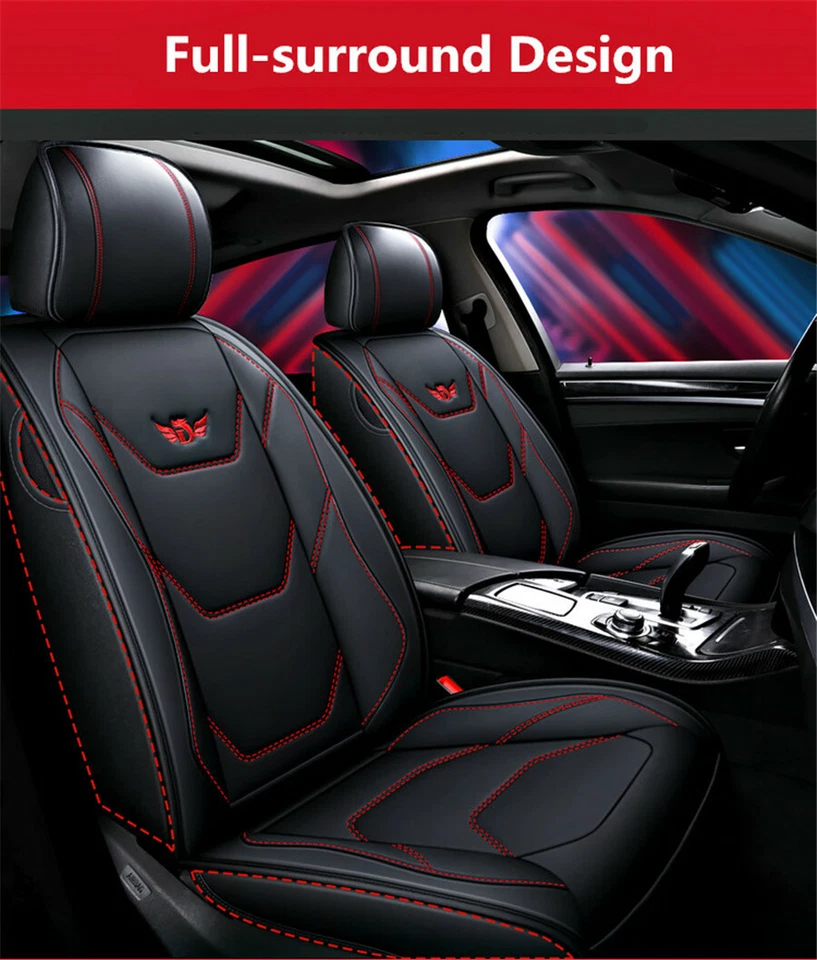 PU Leather 5-Seats Car Seat Covers Full Surround Front+Rear All Seasons Cushions - Image 4 of 4