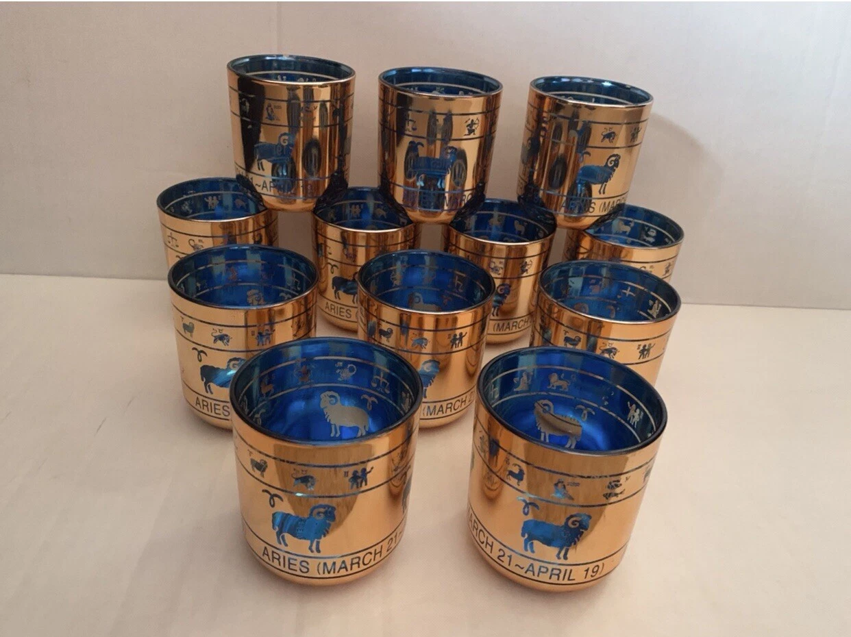 12   ARIES (March 21   April 19) Zodiac Bar Juice Glasses Gold over Blue
