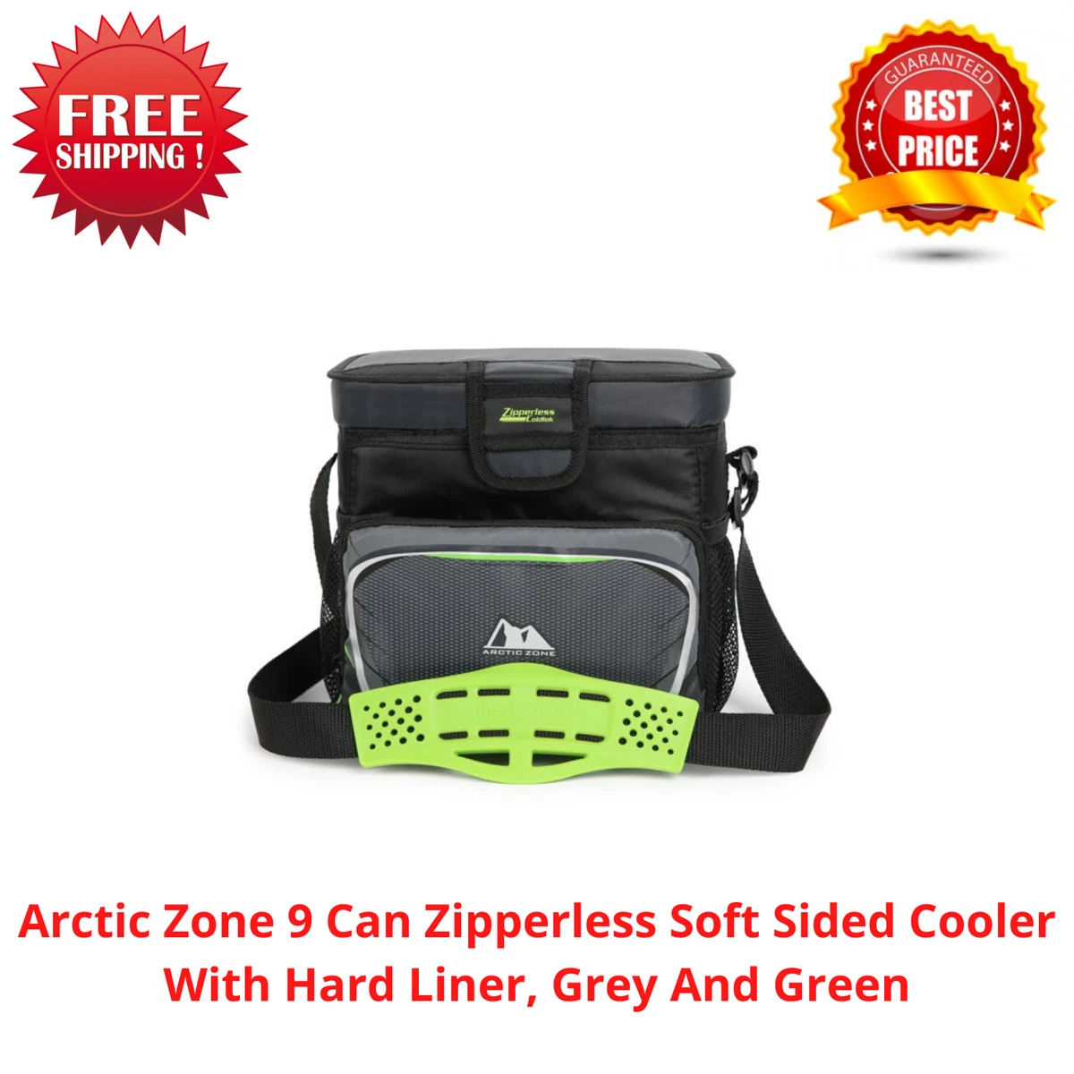 Arctic Zone 9 Can Zipperless Soft Sided Cooler With Hard Liner, Grey And  Green