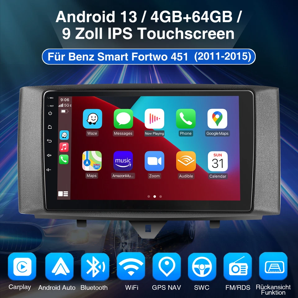 Android 13 Auto CarPlay Autoradio GPS RDS Kamera 64G Für Smart Fortwo 451 10-15 - Bild 2 von 4