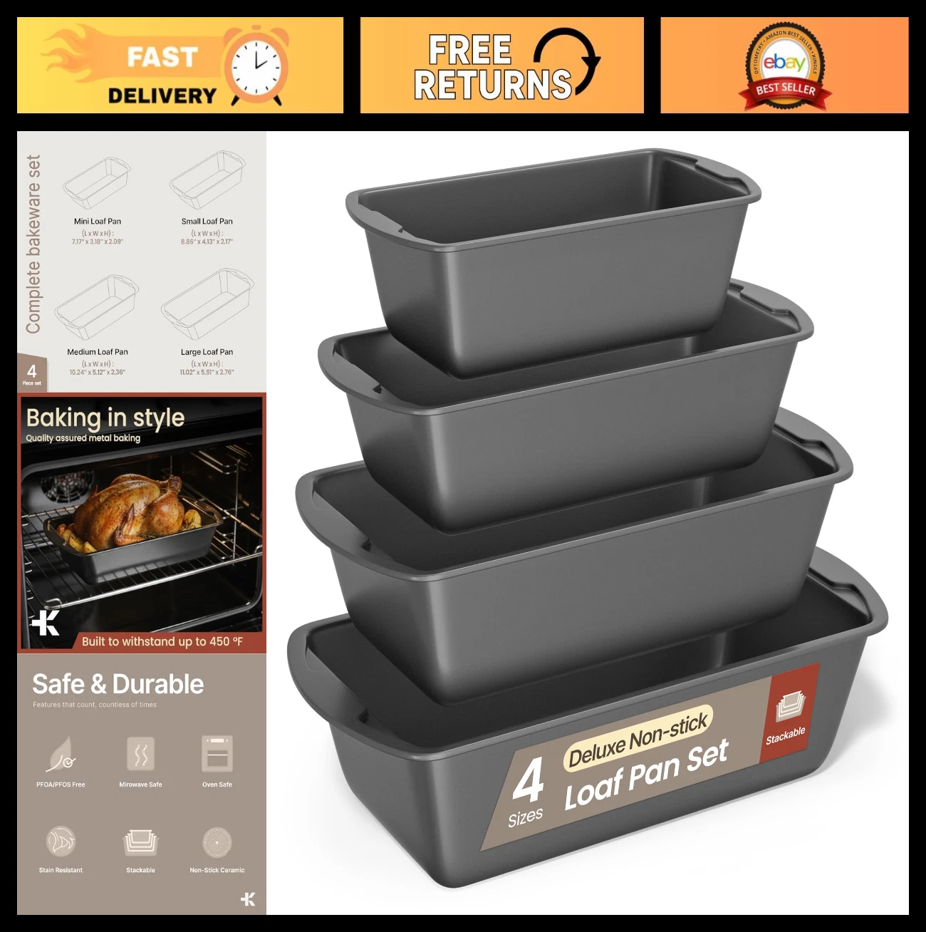 4-Piece Nonstick Loaf Pan Set - Carbon Steel Bakeware for Bread & Cakes, Dishwas