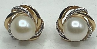14 K GELB- UND WEISSGOLD ZUCHTPERLEN DIAMANT AKZENT OHRSTECKER
