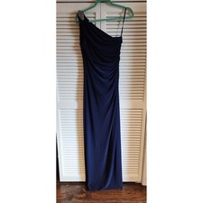 Lauren Ralph Lauren Evening Gown Navy Blue 10 One Shoulder Jeweled Brooch Ruched