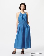 Uniqlo Cotton Midi Dress Size S Blue Halter Pockets Sleeveless Elastic Waist