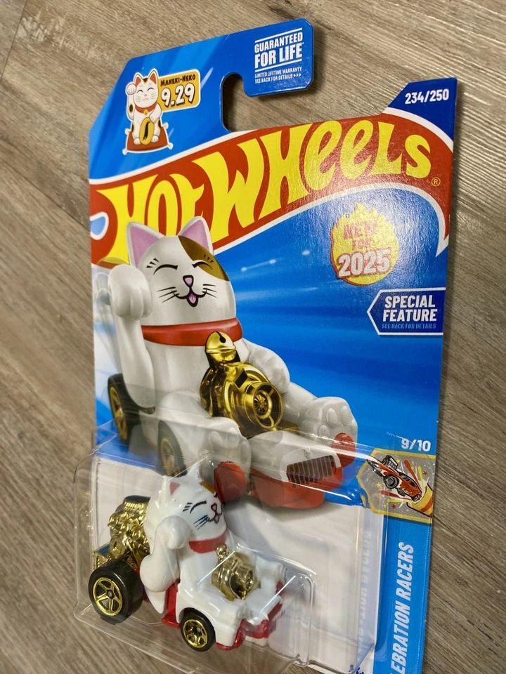 Hot Wheels Celebration Racers 2025 #9 Feline Lucky White Cat Car Red NEW - Image 2 of 3