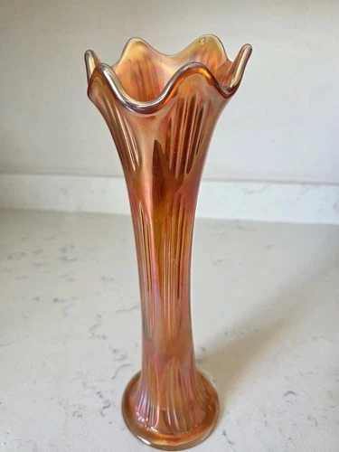 Vintage Fenton Carnival Glass Iridescent Marigold Swung Fine Rib Vase 11.75” EUC