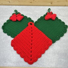 Handmade Christmas Themed Crocheted Potholders Hot Pad Set of 3 Red Green