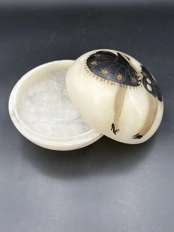 Boîte à poudre Art Déco en albâtre c. 1930 Pierrot et Colombine Toscana - Photo 4/4