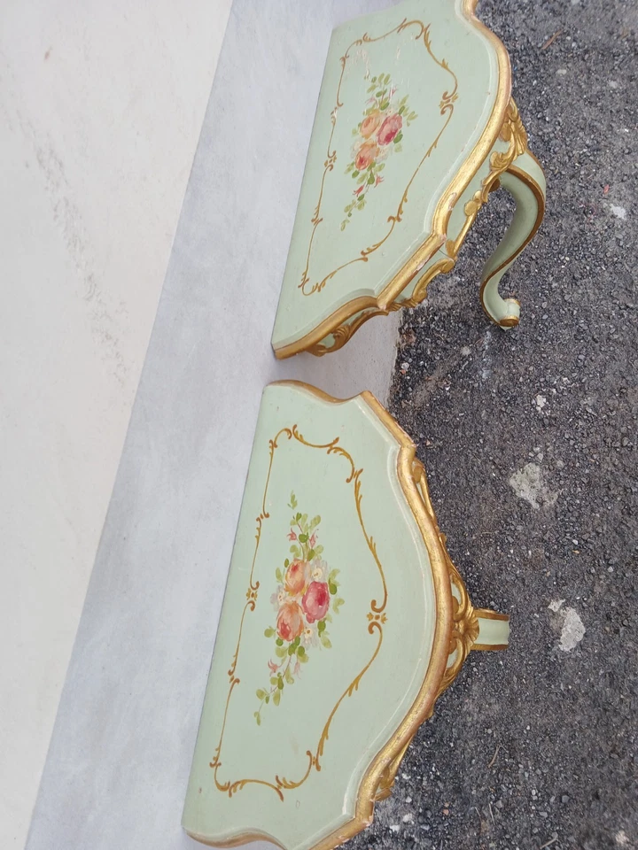 COPPIA MENSOLINE LACCATE VENEZIANE - FIORI DIPINTI -  BAROCCHETTO - 1940 EMILIA - Immagine 2 di 4