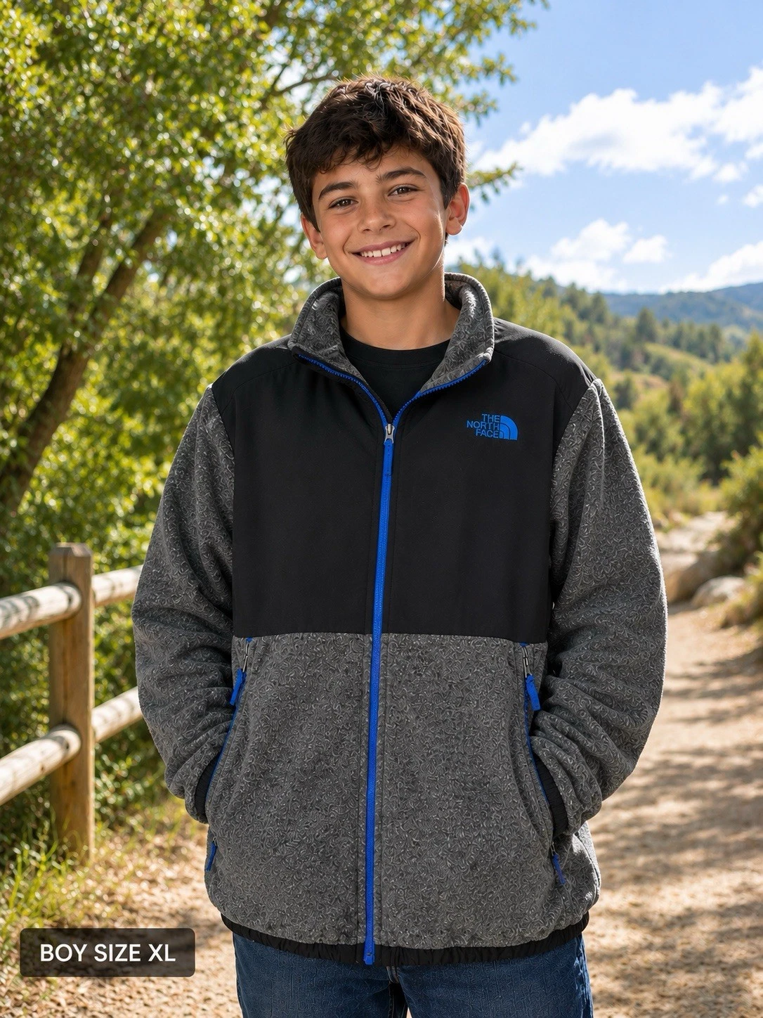 The North Face Denali Fleece Logo Black Gray Blue Full Zip Coat Boys Sz XL 18/20