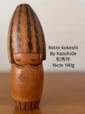 Kazuhide Floral Kokeshi 16cm 190g Carved Hair Wooden Doll Collectible 15