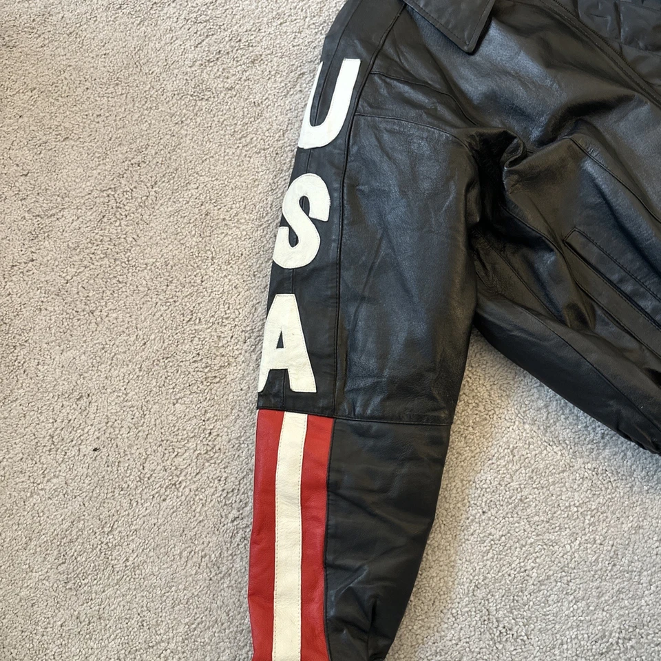 Chaqueta de cuero Lucky Leather Company EE. UU. mediana brazo abajo bandera en la espalda Foto 4 de 4