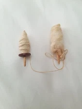 antique mini Doll House wooden spindle spool bobbin w/ cotton diorama Primitive 