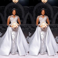 Sparkly Heavy Crystals Beads Mermaid Wedding Dress Satin Button Long Bridal Gown