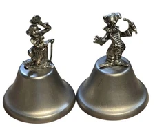 Set Of 2 Vintage Metal Pewter Hand Bell Dancing Circus Clown Hobo Collectible 