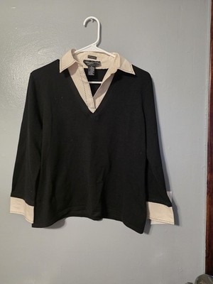 August Silk Women s XL Black/Beige Knit V-Neck Stretch Pullover Sweater LS