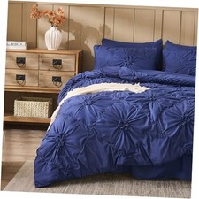 Comforter Set Bed in A Bag 7 Piece Pinch Pleat Bedding Queen Size Dark Blue
