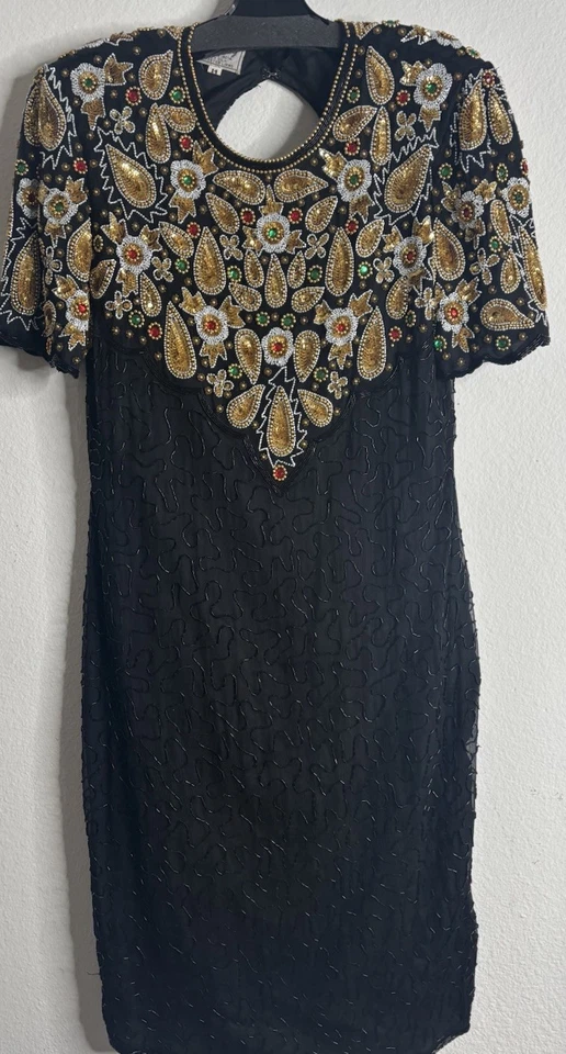 Vestido de noche vintage Stenay talla 14 negro seda lentejuelas ceñido al cuerpo Foto 3 de 4
